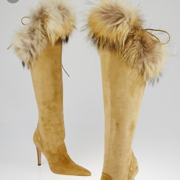 Manolo Blahnik Shoes - Manolo Blahnik Suede and Fur Knee High Boot